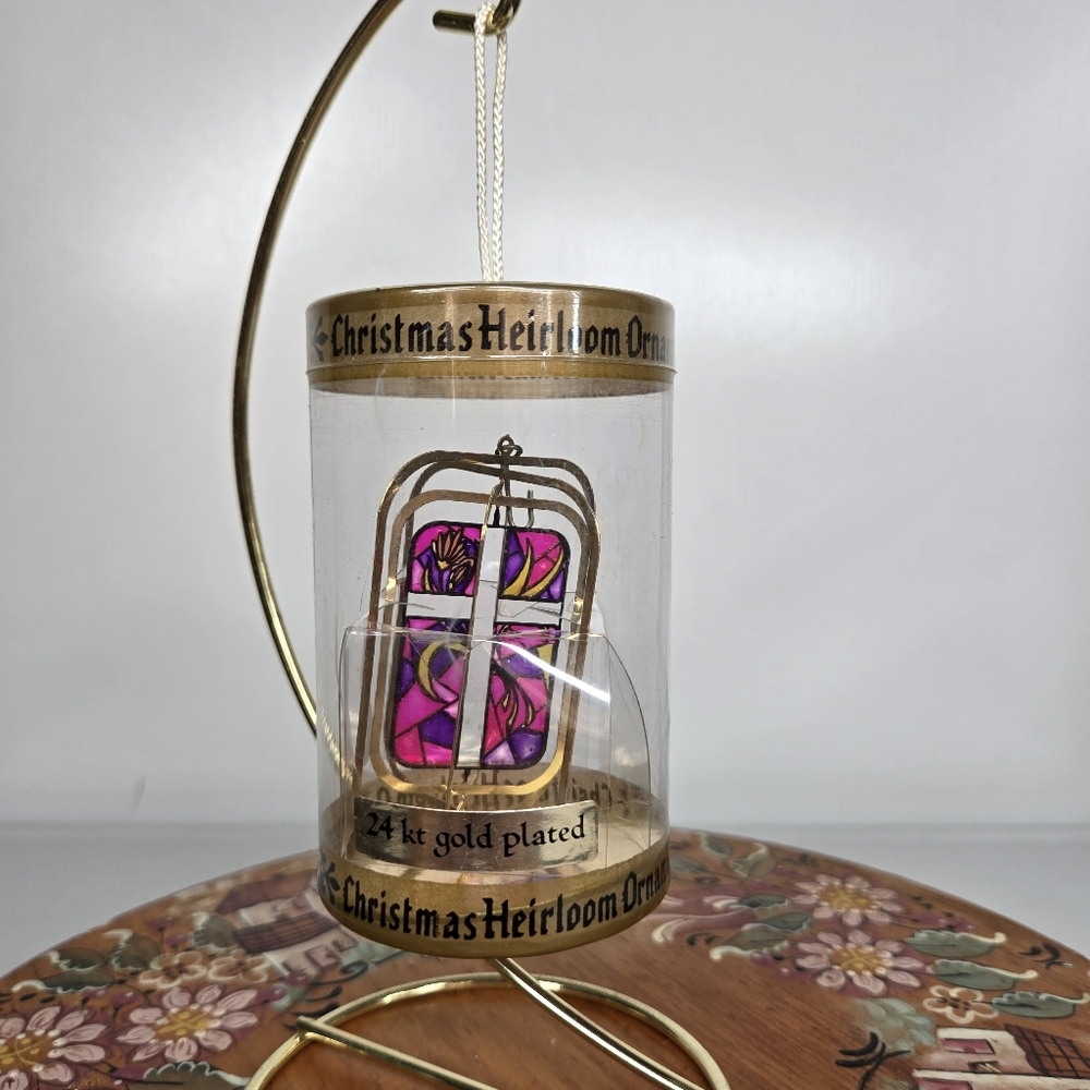 VTG Christmas Heirloom Ornament 24kt Gold Plated Cross Pink Purple Stained Glass
